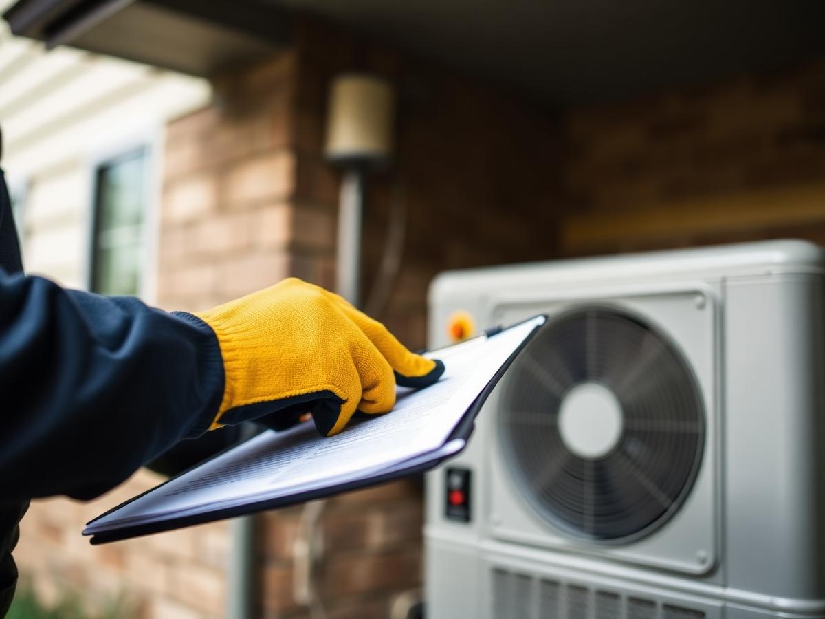 A property manager reviewing an inspection checklist beside an exterior HVAC unit at a rental home