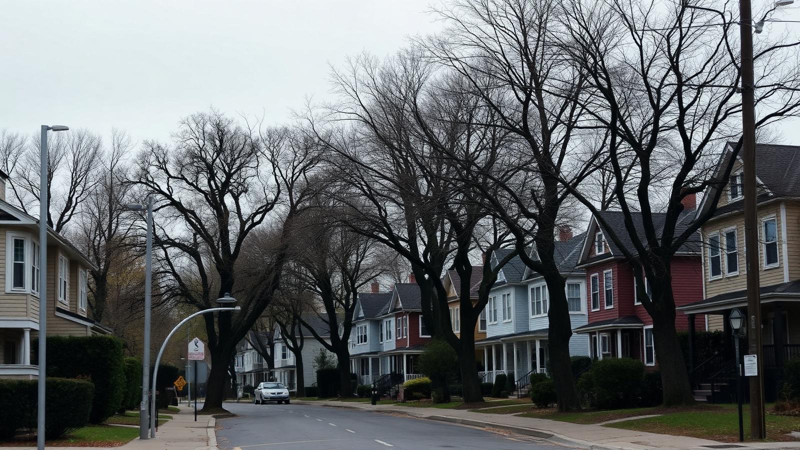A residential street of well-kept rental houses lined with mature trees